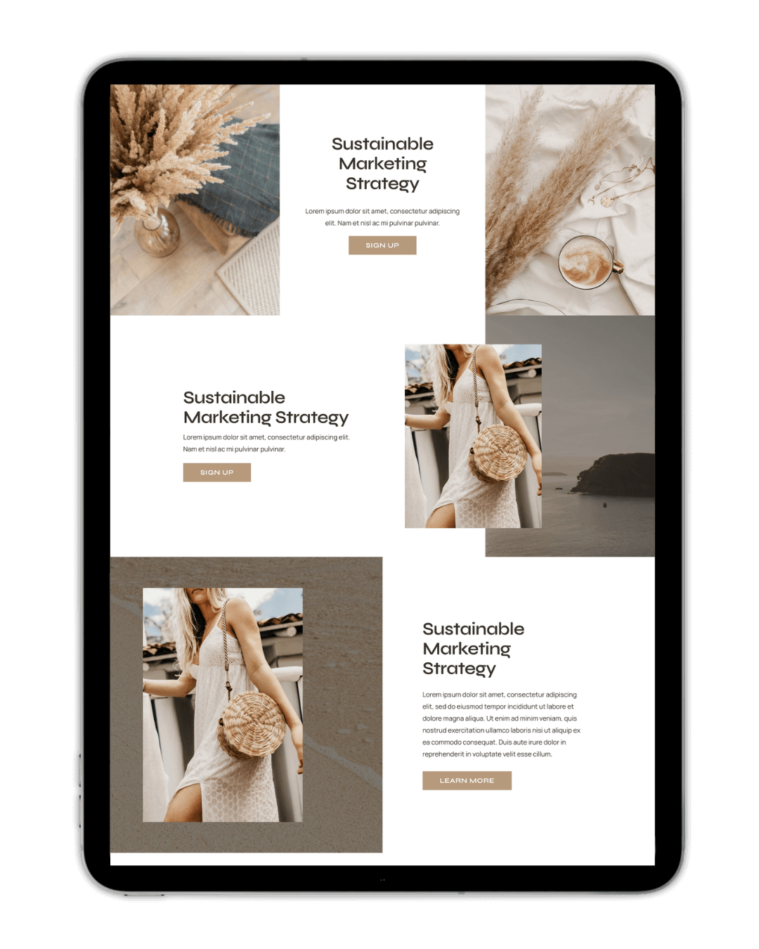 Tablet displaying a digital layout titled "Sustainable Marketing Strategy" with images of a person in a white dress and a straw bag, decorative grass in a vase, and a scenic view. Includes placeholder text and "Sign Up" or "Learn More" buttons.