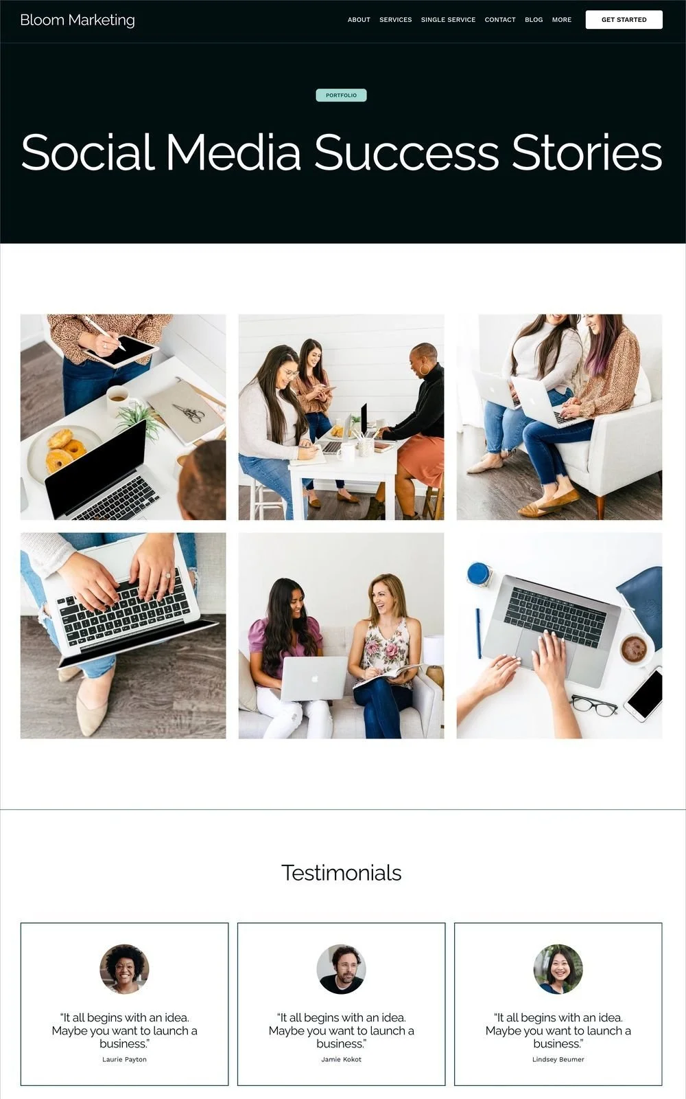 Marketing website with images of people working on laptops and discussing projects, labeled 'Social Media Success Stories,' plus testimonials from clients.
