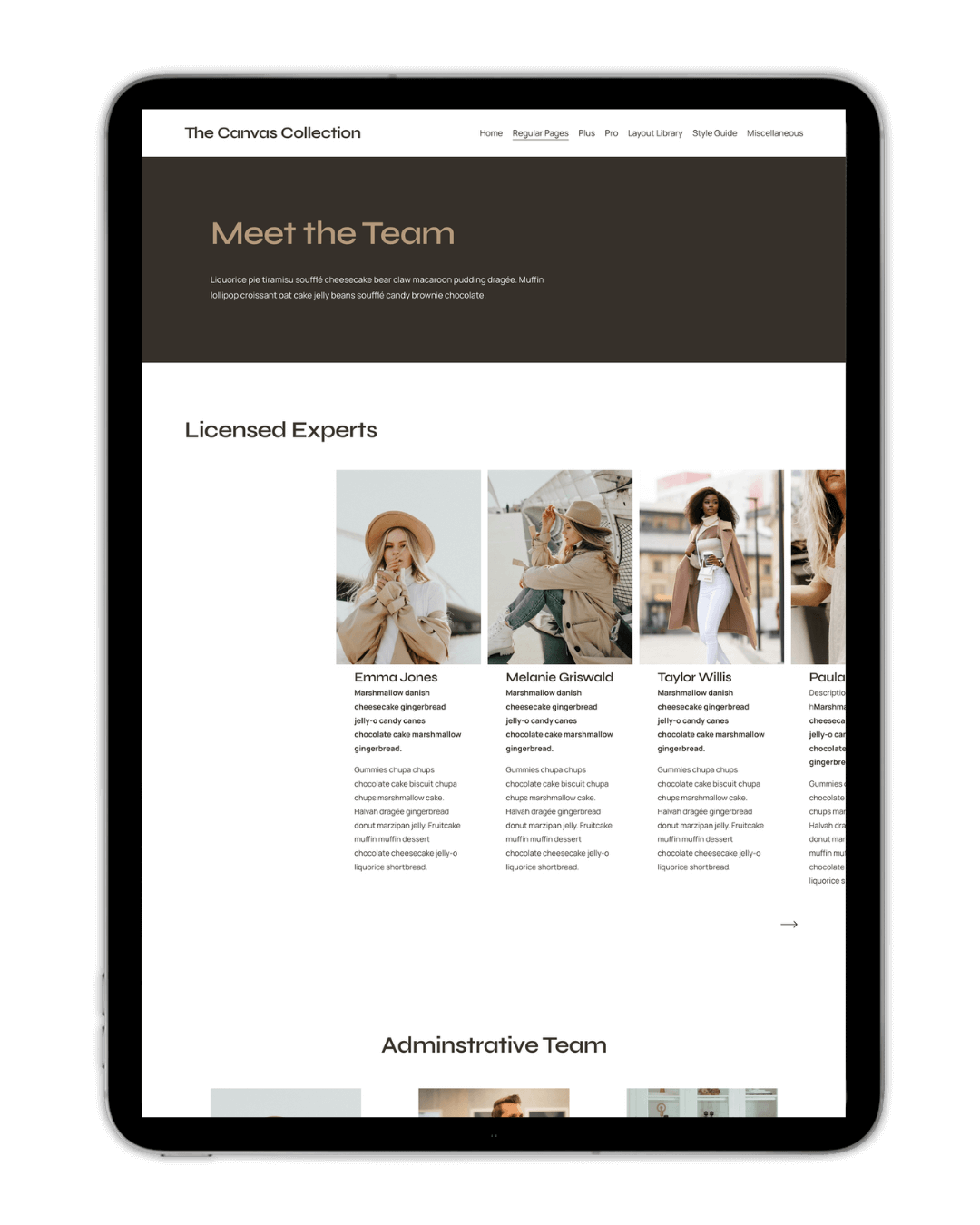 A website displayed on a tablet showing a "Meet the Team" page for "The Canvas Collection." The page features sections labeled "Licensed Experts" with four profile images and descriptions, and "Administrative Team." Navigation links are at the top.