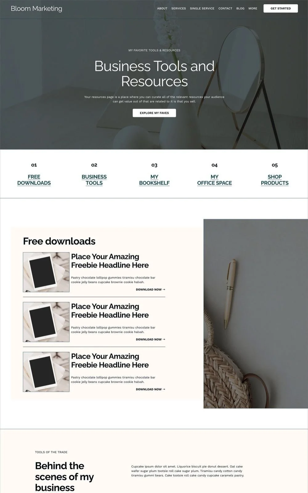 Website homepage of Bloom Marketing, featuring sections for business tools and resources, free downloads, and various other categories. Includes navigation menu with options like About, Services, Contact, Blog, and a Get Started button. Contains promotional spots for downloading resources.