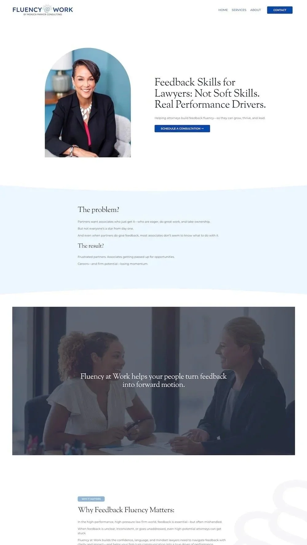 Monica Parker lawyer coach using Zara Squarespace template