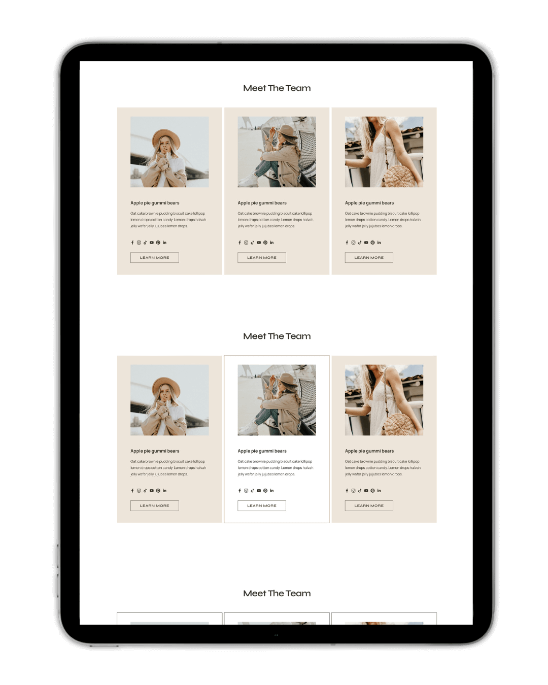 Tablet displaying a webpage with a 'Meet The Team' section, featuring profiles of individuals with placeholder text and images. Each profile includes a photo, social media icons, and a 'Learn More' button. The layout is minimalist with a beige color scheme.