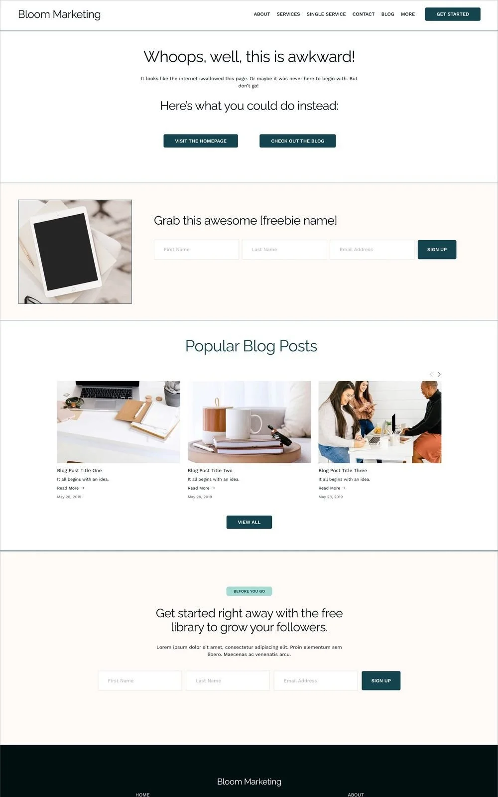 Bloom Marketing error page with navigation, apology message, suggestions to visit homepage or blog, freebie signup form, and popular blog posts section featuring three blog entries with images.