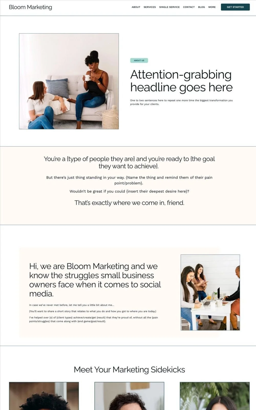 Marketing agency webpage featuring a photo of two women on a couch, placeholder headline, and text about social media marketing solutions for small businesses. Includes menu and "Get Started" button.