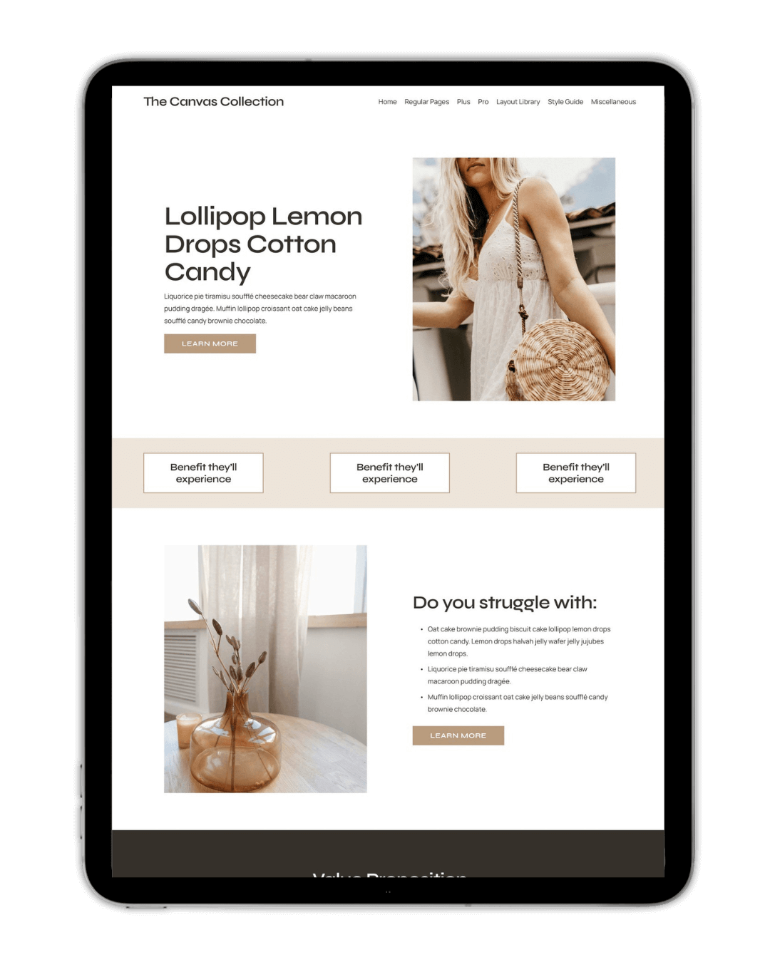 Tablet displaying a webpage from 'The Canvas Collection' with images of a woman wearing a white dress and holding a woven bag, and a vase with dried plants on a table. The page includes text about candy-related product names and benefits, with 'Learn More' buttons.