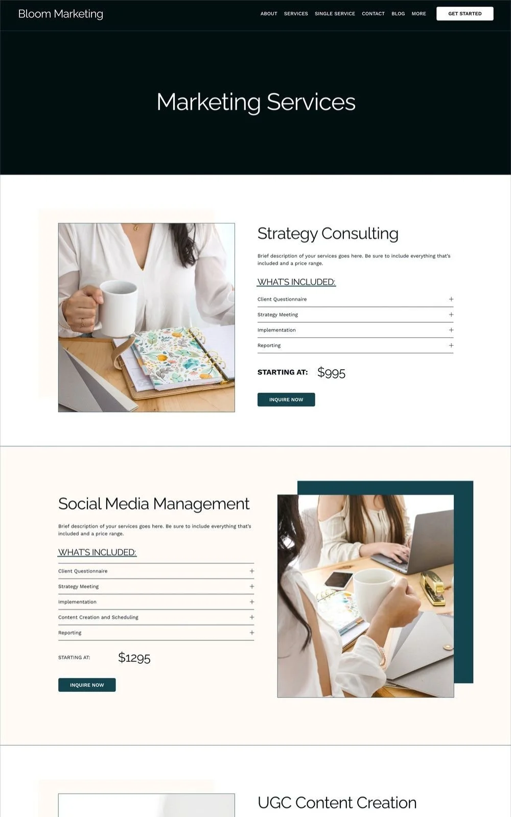 Screenshot of a Bloom Marketing webpage showcasing marketing services including strategy consulting, social media management, and UGC content creation with package details and pricing.