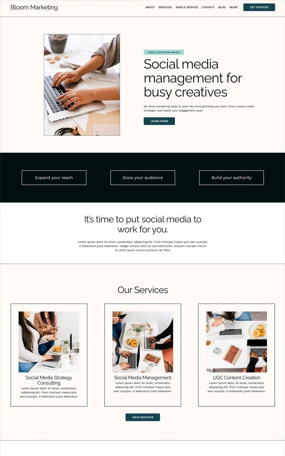 Homepage of Bloom Marketing showcasing social media management services for creatives. Features include an image of hands on a laptop, service descriptions, and links to expand reach, grow audience, and build authority.