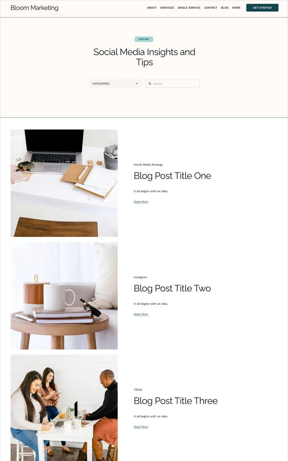 Webpage layout for Bloom Marketing featuring sections titled "Social Media Insights and Tips," and blog post previews for strategies on social media platforms.
