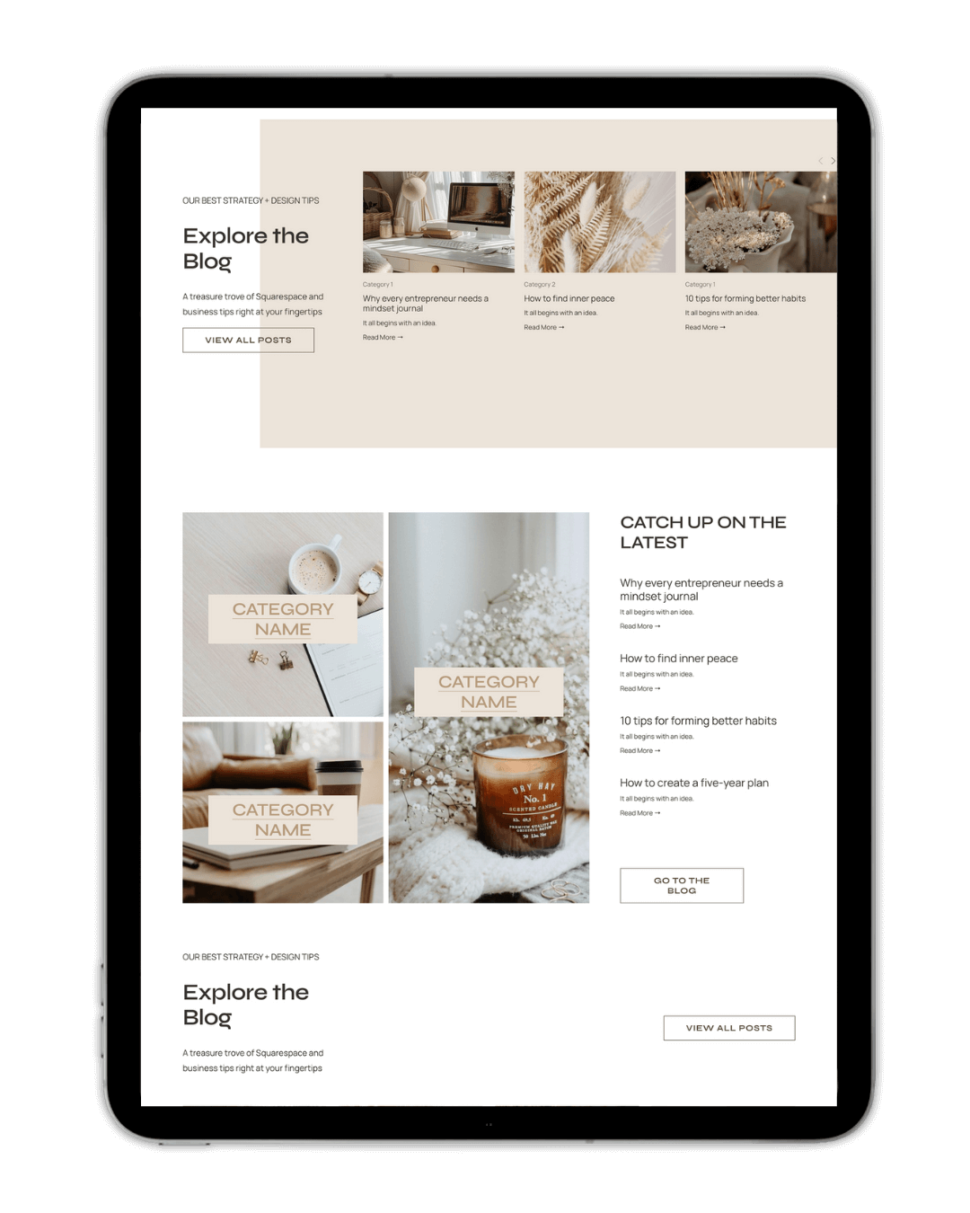Webpage displaying a blog layout with sections for categories and recent posts on Squarespace and business tips. Features images of home decor items and a candle, with placeholder text for category names and article summaries. Buttons to view all posts and go to the blog are included.