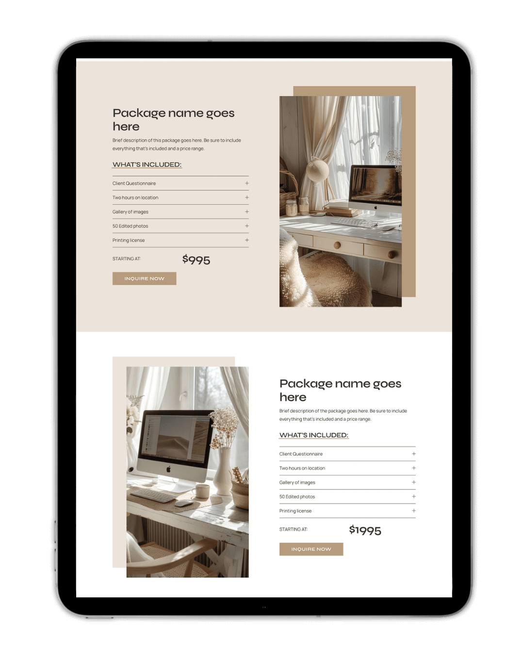 Tablet screen displaying a webpage layout for a photography package. It includes pricing details, starting from $995 and $1995 respectively, lists of what's included such as a client questionnaire and photo edits, and images of a cozy workspace with a computer and decor.