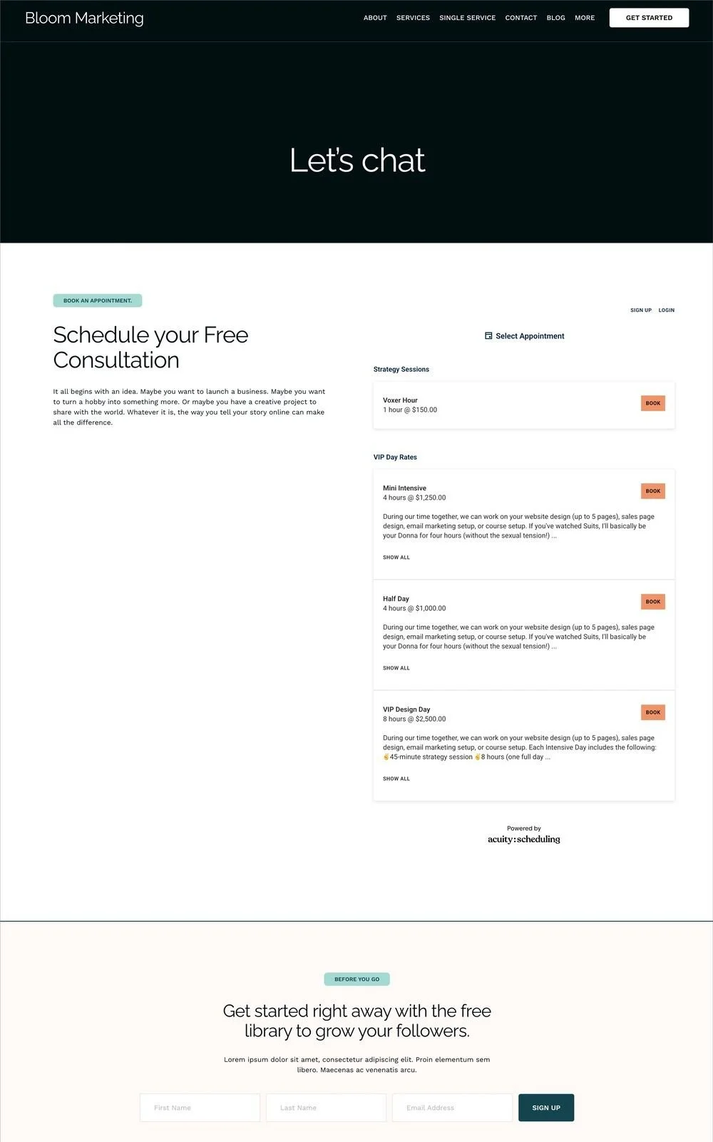 Bloom Marketing website consultation page featuring a "Let's chat" header, "Schedule your Free Consultation" section with appointment options, pricing for strategy sessions and VIP day rates, along with a sign-up form for a free library offer.