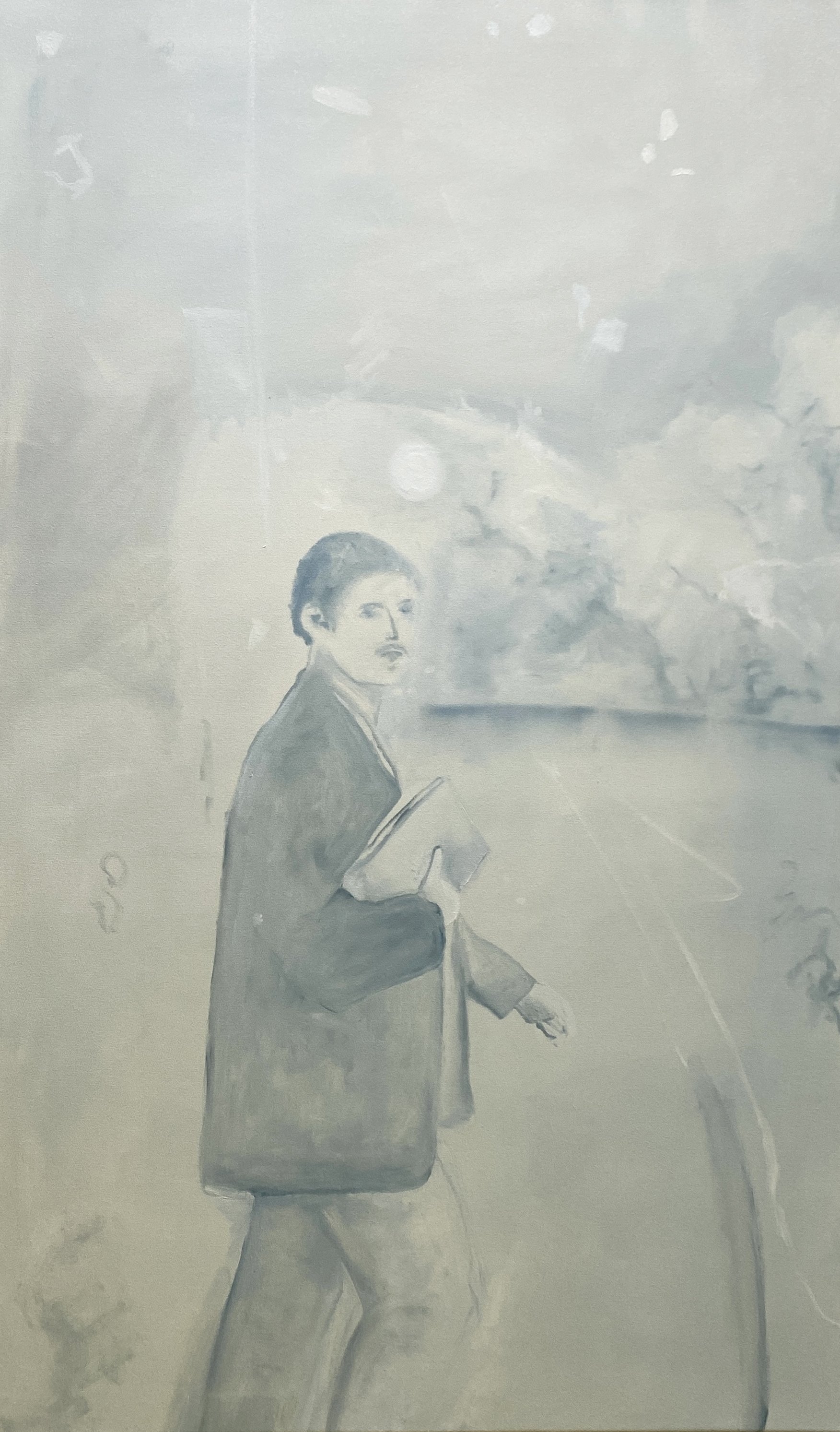 A woman with short hair holding a book, standing outdoors with an abstract cloudy sky in the background.
