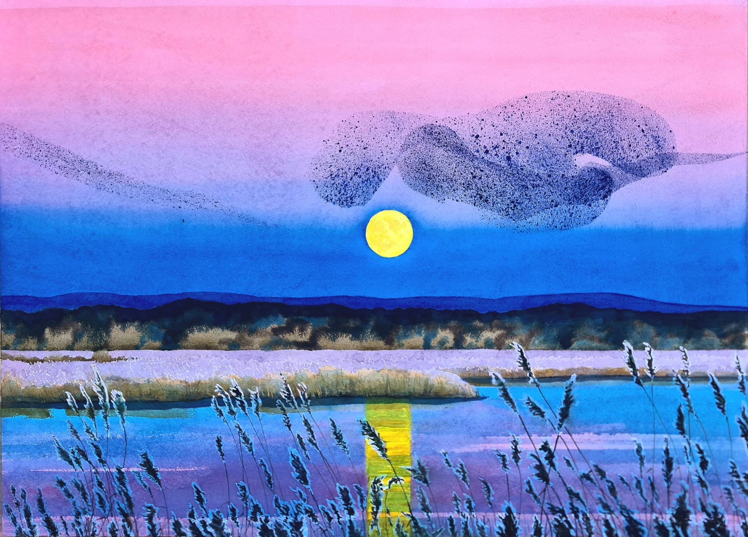 Wolf Moon Rising - Murmuration watercfolour 2026 53 x 71 cms SOLD