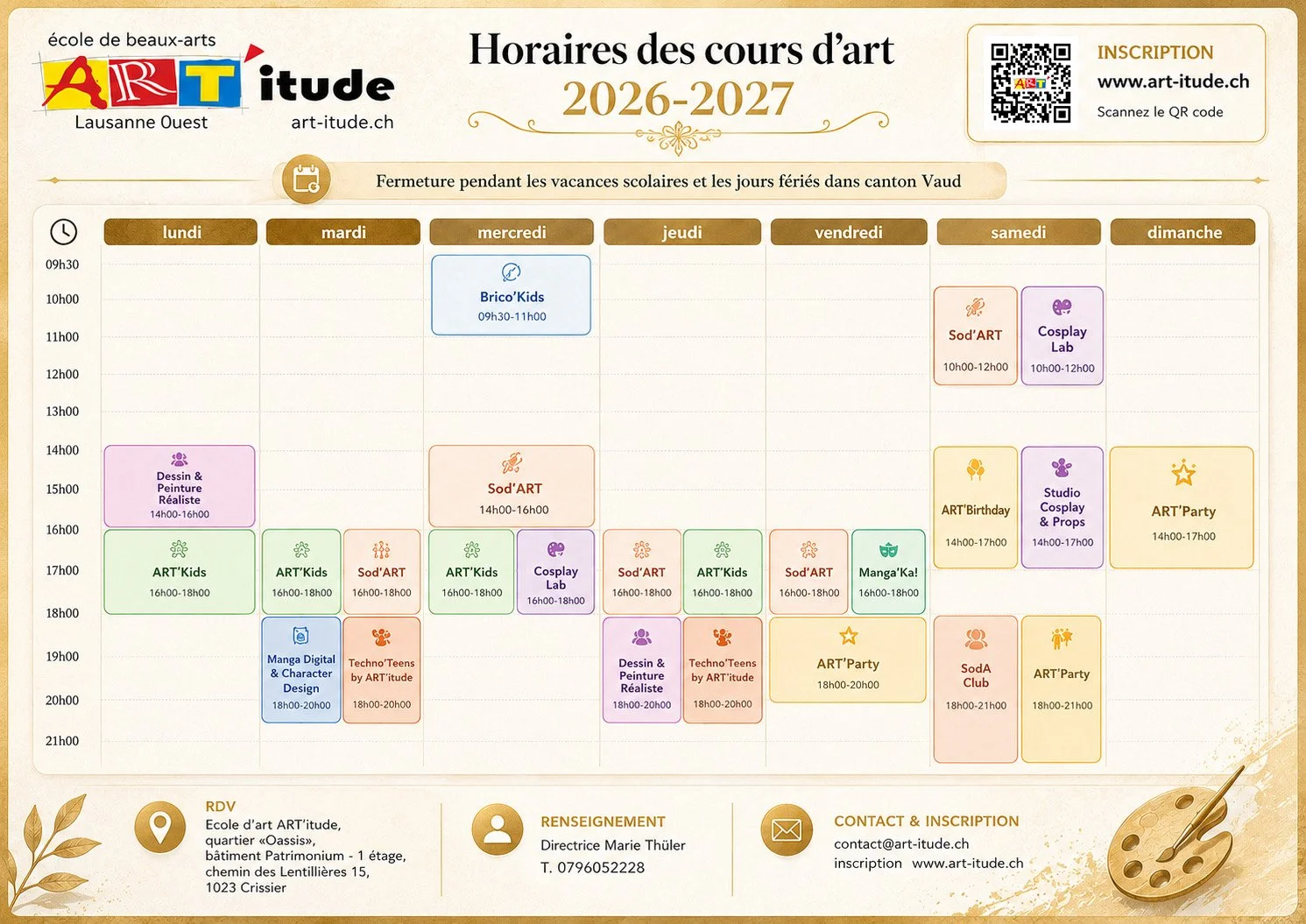 Horaires des cours ART'itude 2026-2027