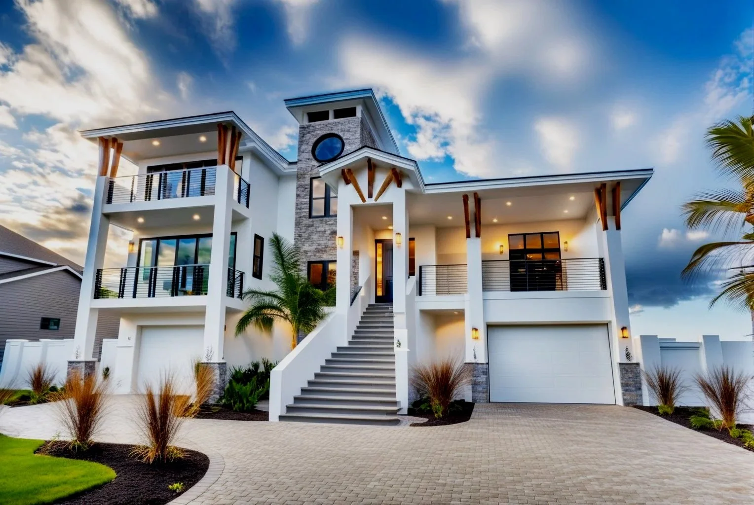 Modern multi-story house with white exterior, large glass windows, and balconies, set against a partly cloudy sky. The house features stone accents, a staircase leading to the front door, and a paved driveway with landscaped plants.