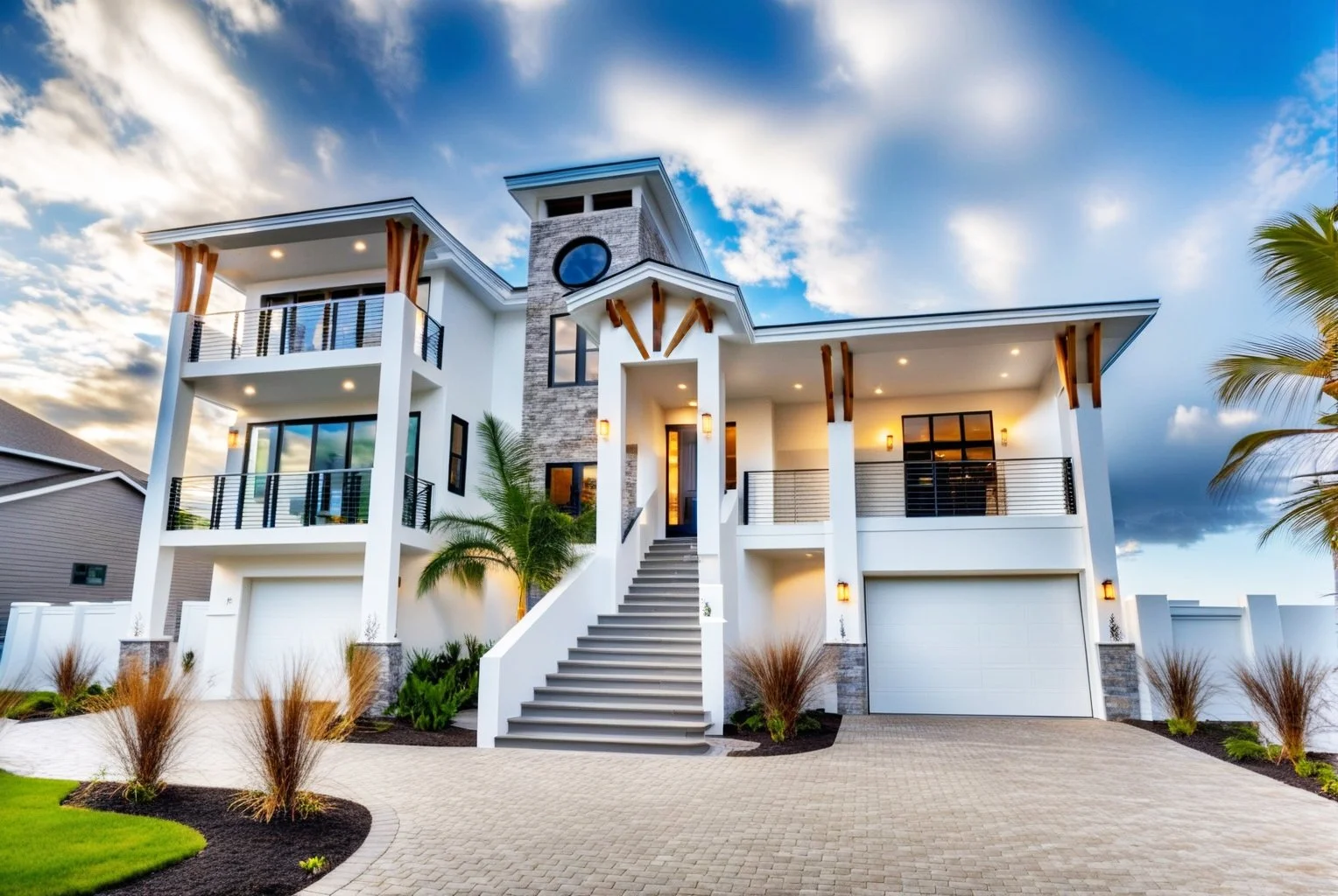 Modern multi-story house with white exterior, large windows, balcony, and landscaped front yard with palm trees, set against a partly cloudy sky.