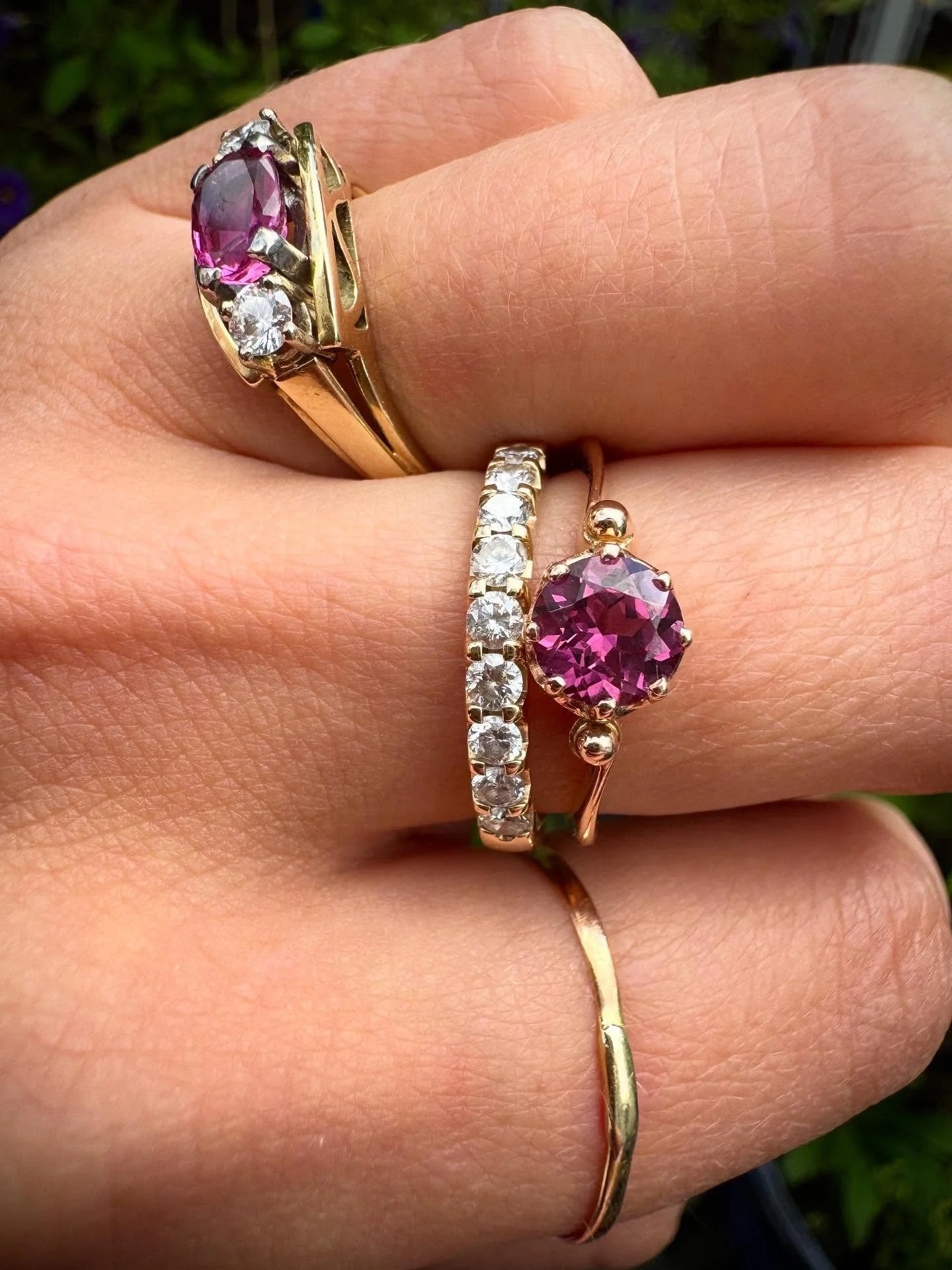 ✨ Three treasures, three stories ✨

From the bold sparkle of Gatsby Blush, to the timeless elegance of the Diamond Eternity Band, to the romantic glow of the antique Rosy Reverie &mdash; each ring is a world of its own.
See them sparkle, feel their h