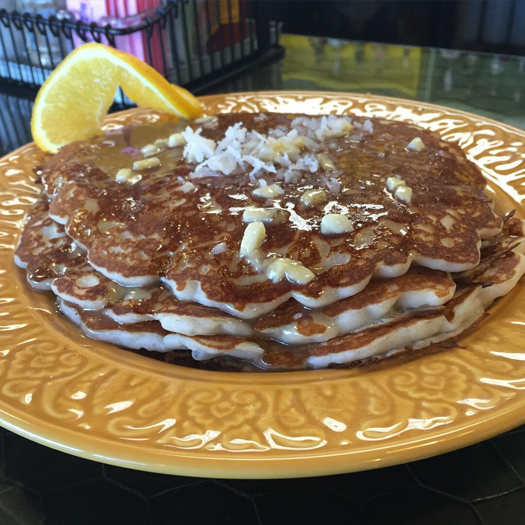 Come try our special this week! Funky Monkey Pancakes- coconut pancakes with banana caramel sauce! #twochicksreno #weeklyspecial #pancakes