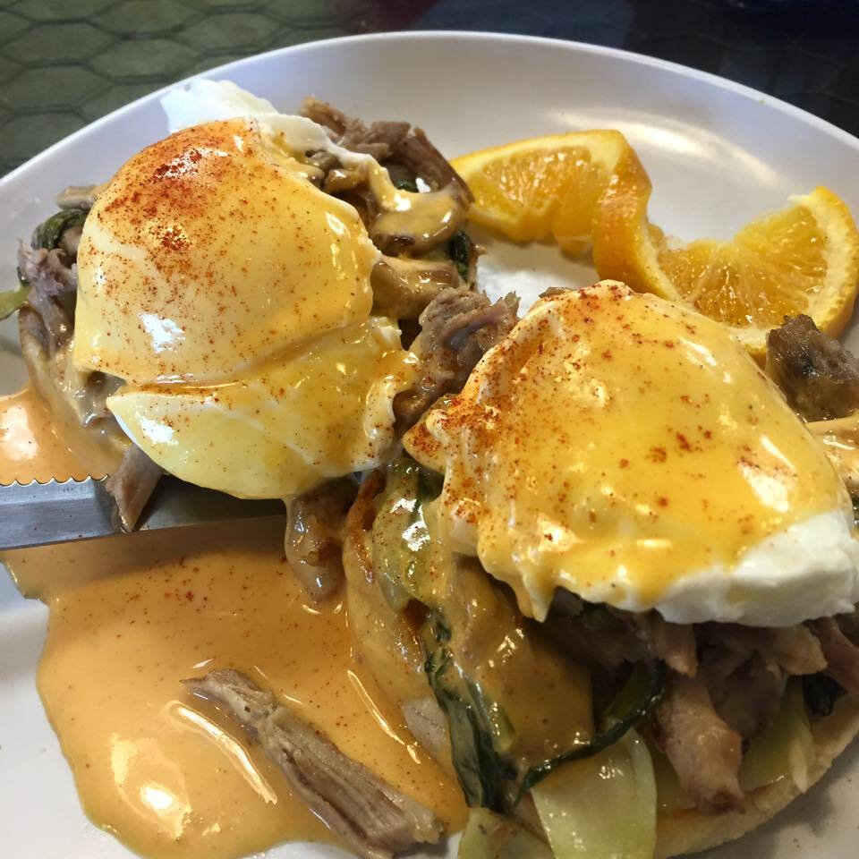 This week our special is the Angry Pig Bene! Ginger pulled pork, poached eggs, saut&eacute;ed bok choy on English muffins topped with sriracha hollandaise!