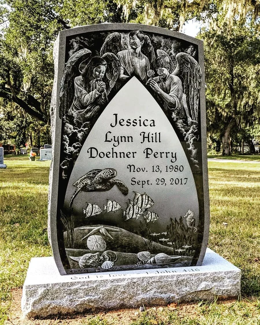 Jessica Perry was a mother of three and coastal wildlife preservationist.  Her life ended tragically, but her passions are well preserved in this moving tribute etched at our Florence studio by artist, @dangarrisonart .
The three angels are etched i
