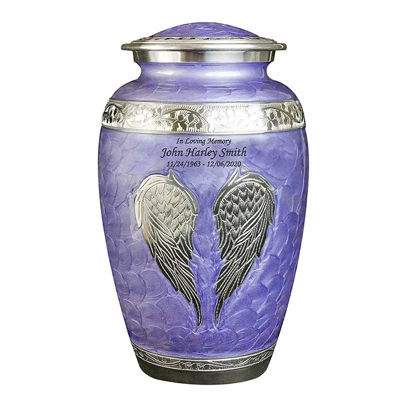 Silver cremation urn for human ashes with angel wings