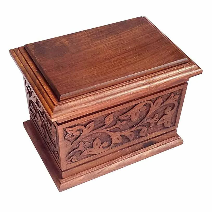 Simple wood urn with decorative rosewood carving