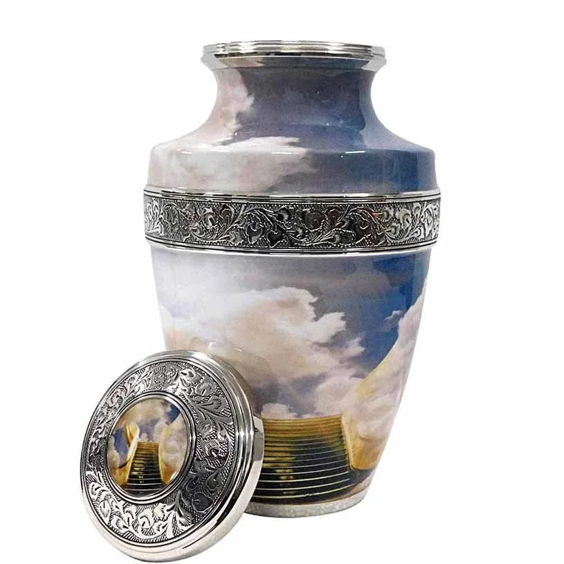 Decorative cremation urn with a picture of stairs leading to heaven