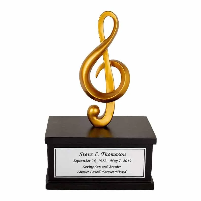 Music theme cremation urn statue shaped like treble clef