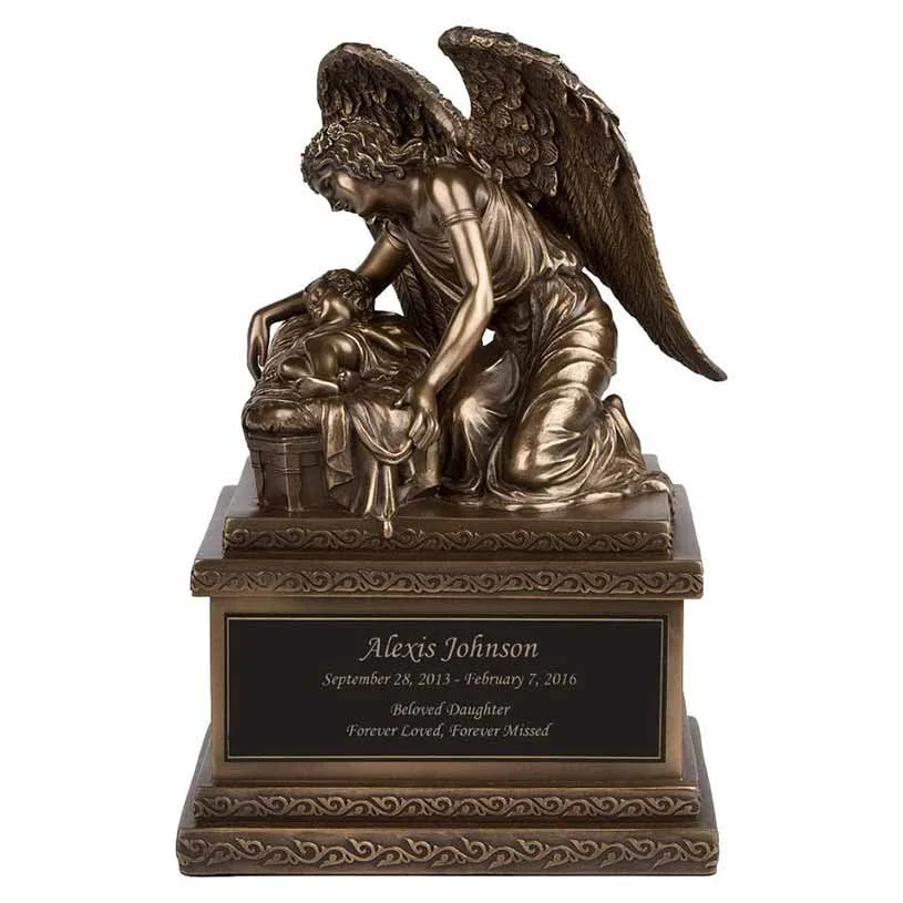 Cremation urn shaped like a statue of an angel and child