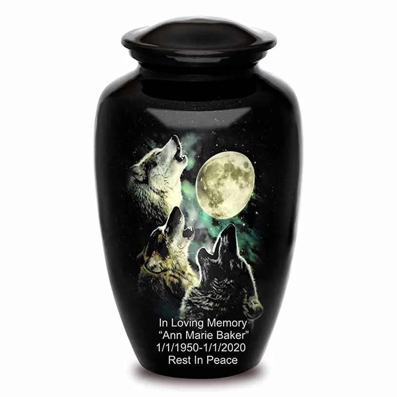 Urn for ashes with picture of three wolves howling at the moon
