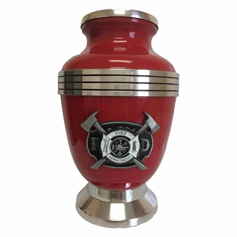 Fireman red urn for human ashes with FD badge
