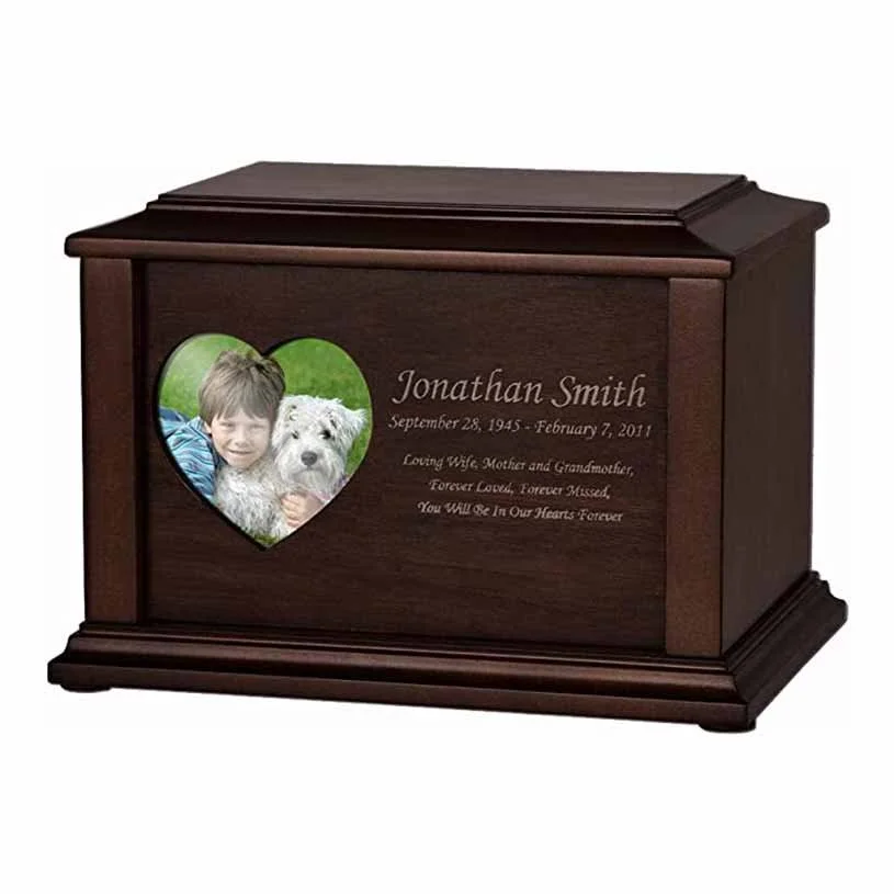Wood urn for human ashes with heart shaped picture and engraving