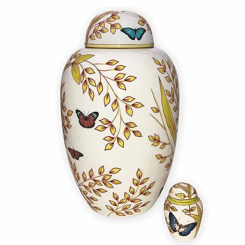 Hand-painted butterfly foliage cremation urns