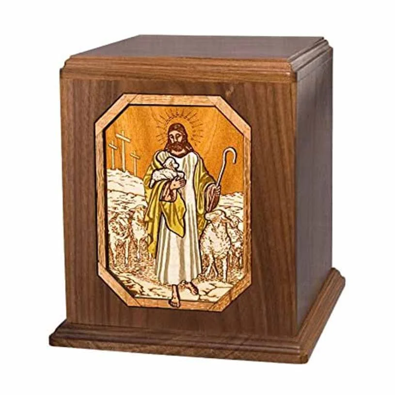 Wood urn for ashes with shepherd and lamb inlay