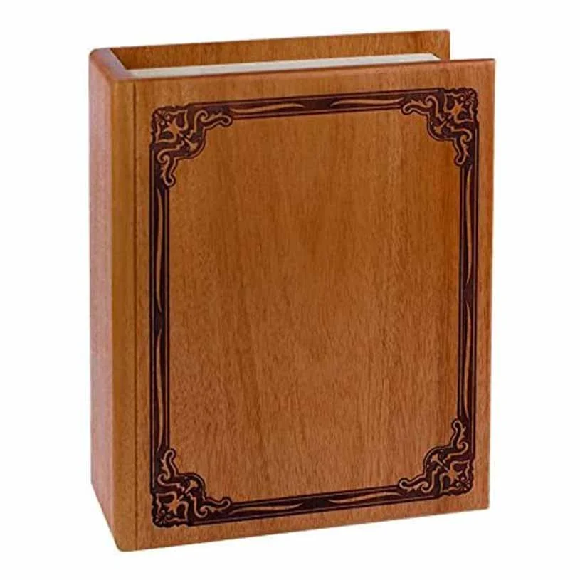 Wood cremation urn for human ashes shaped like a book