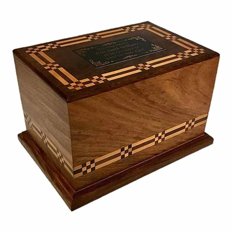 Wood urn for human ashes with inlay and plaque