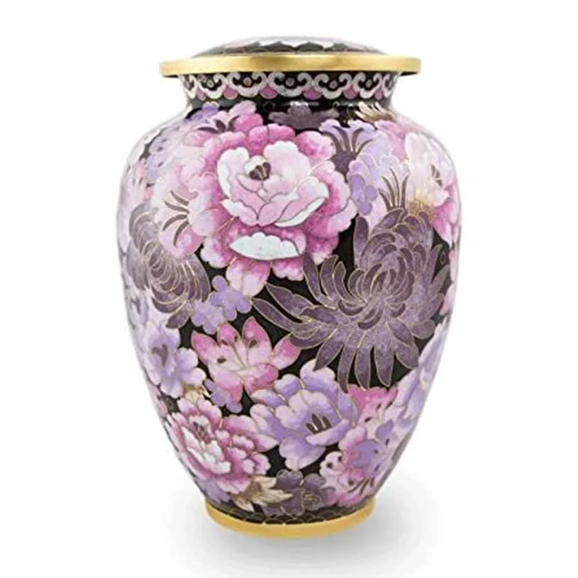 pink and purple flower brass cremation urn for ashes