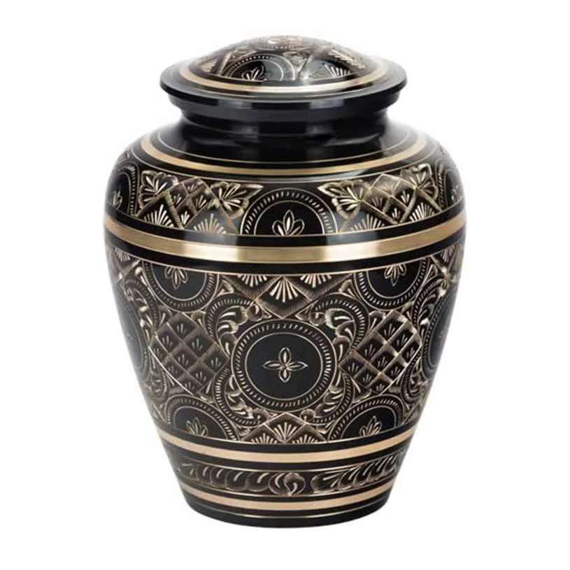 Black brass urn for ashes with decorative engraving