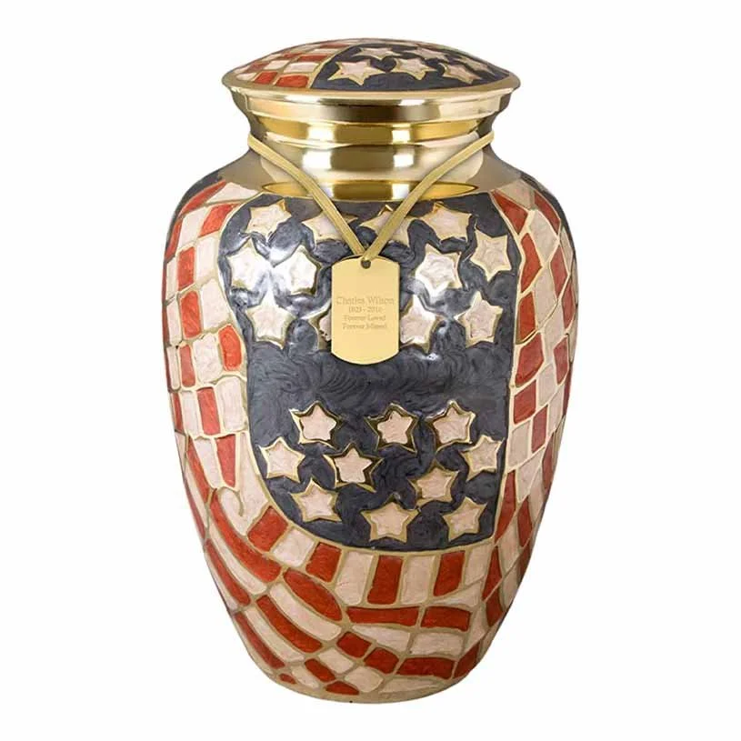 Brass cremation urn for human ashes with American flag mosaic