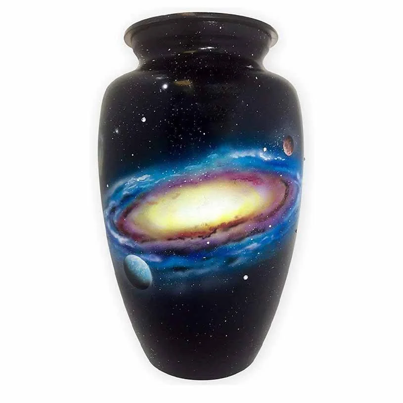 Cremation urn for human ashes with a painting of the universe, planets and stars
