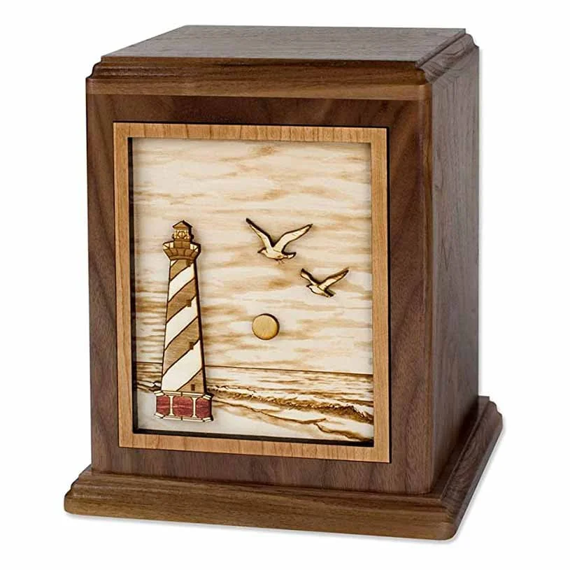Wood urn for ashes with beach lighthouse inlay