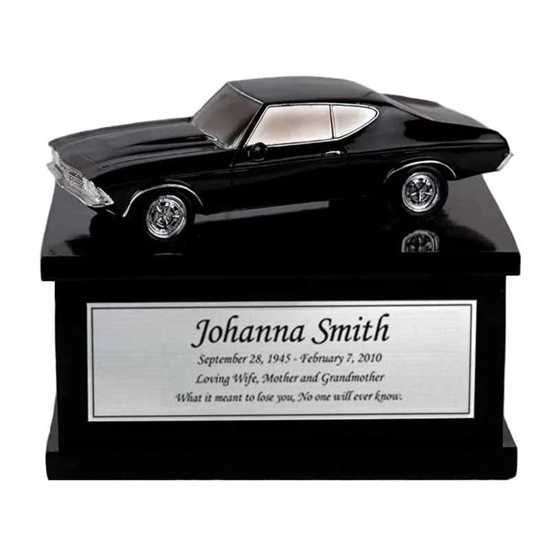 Cremation urn for human ashes shaped like a vintage muscle car