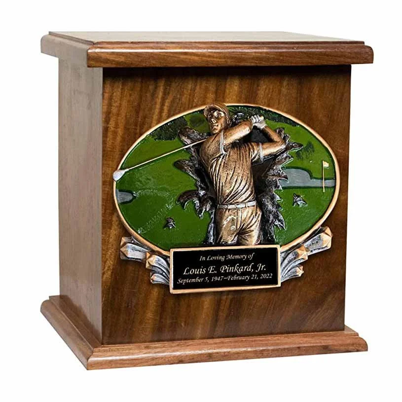 Wood urn for human ashes with a golfer and plaque