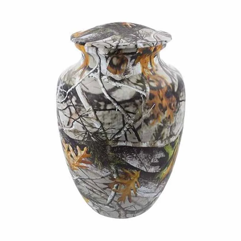 Cremation urn for human ashes with a hunters camouflage pattern