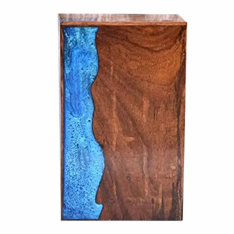 Modern wood cremation urn for human ashes with blue resin accent