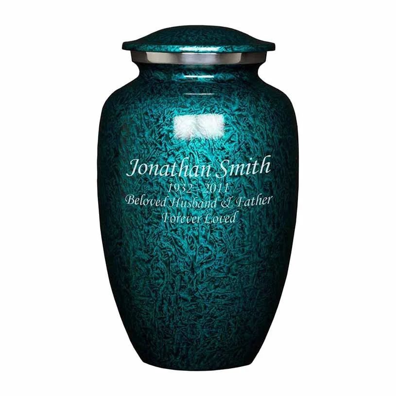 Teal blue texture urn for ashes that looks water in the deep ocean