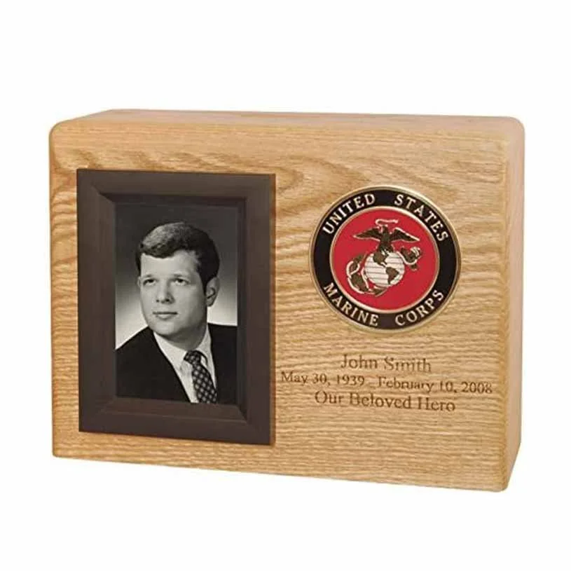 Wood cremation urn for human ashes with veterans picture and military emblem