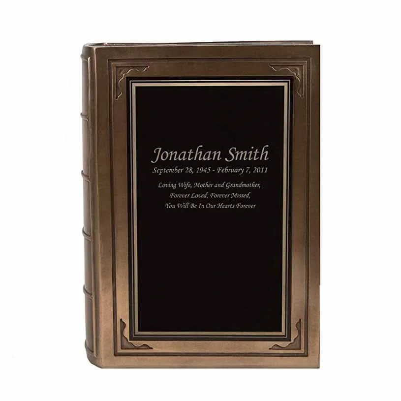 Bronze book shaped urn with name plaque engraving