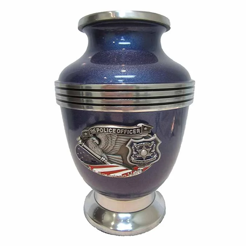 Police officer blue cremation urn for human ashes with PD emblem