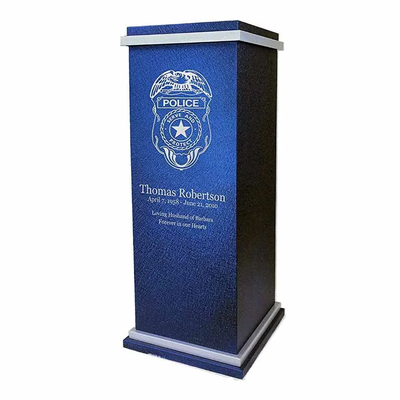 Modern metal urn for human ashes with police officers badge engraving